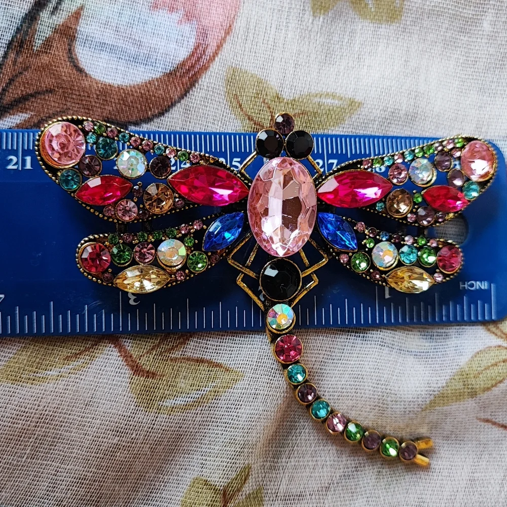 Rhinestone Oversized Huge Dragonfly Brooch Pendant Pink Aurora Borealis NWOT